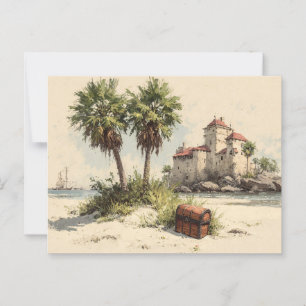 Carte Postale Château avec palmiers et coffre au trésor caché