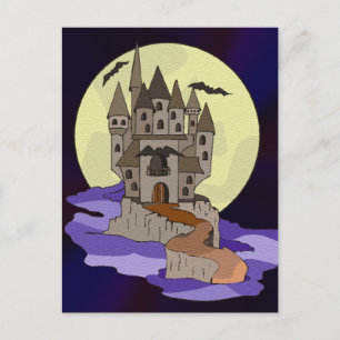 Carte Postale Château, chauves-souris et caricature Pleine lune