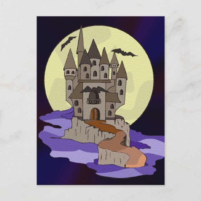 Carte Postale Château, chauves-souris et caricature Pleine lune (Devant)