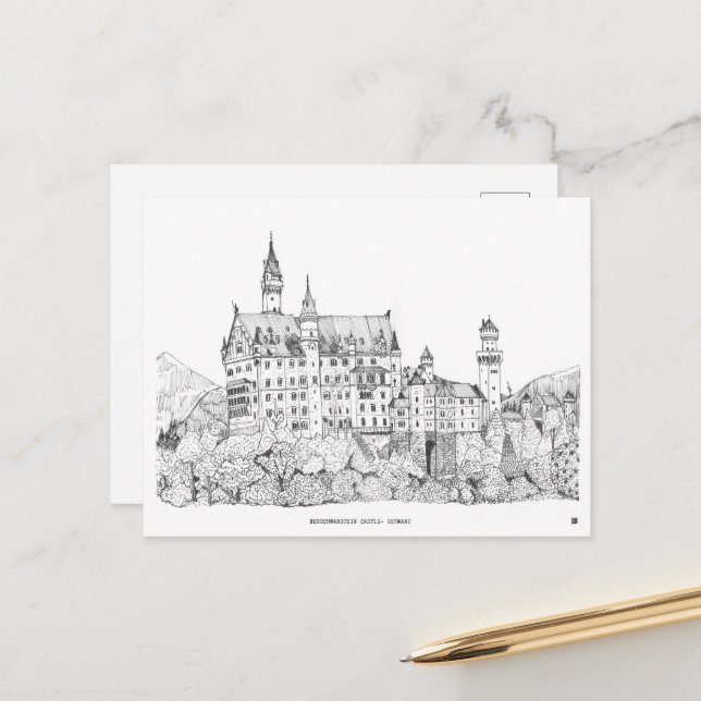 Carte Postale Château de Neuschwanstein Allemagne Art de ligne (Devant/Arrière en situation)