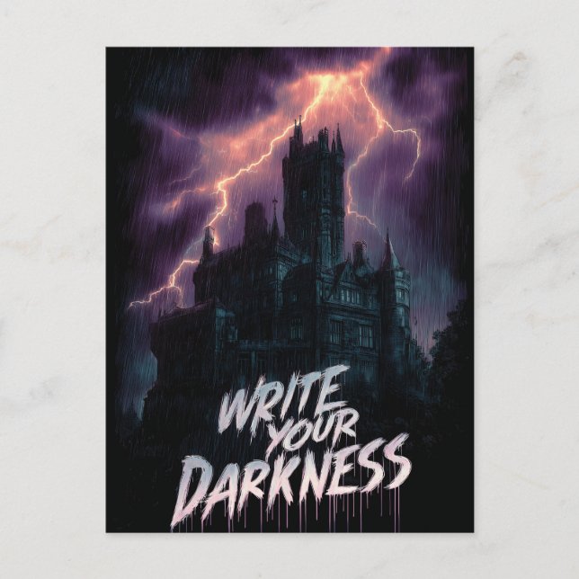 Carte Postale Château gothique hanté sous orage avec texte (Devant)