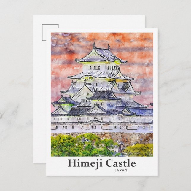 Carte Postale Château Himeji Japon Voyage Aquarelle main tirée (Devant / Derrière)