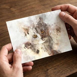 Carte Postale Chaton à l'aquarelle joueur avec des yeux ambre br