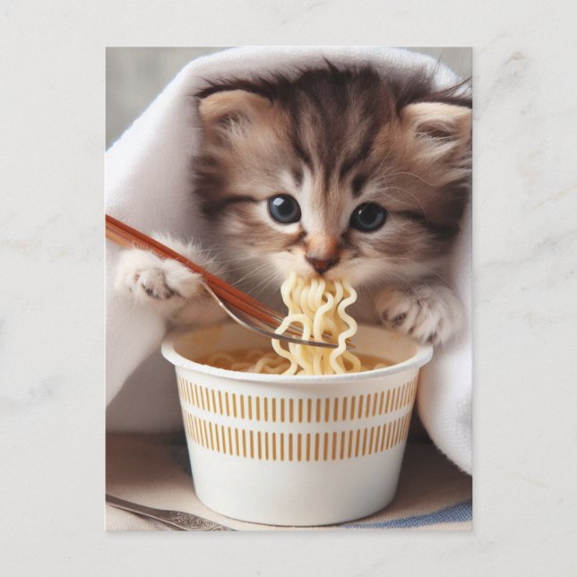 Carte Postale Chaton adorable mangeant des nouilles Ramen (Devant)