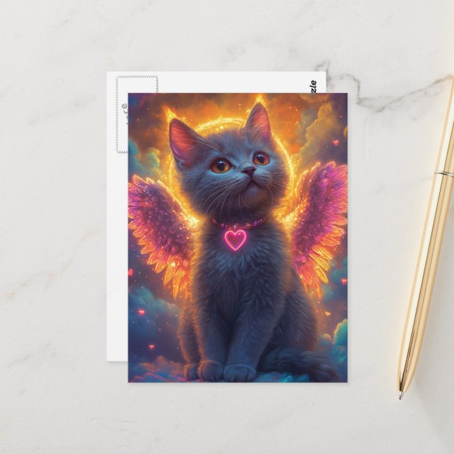 Carte Postale Chaton ange gris adorable (Devant/Arrière en situation)