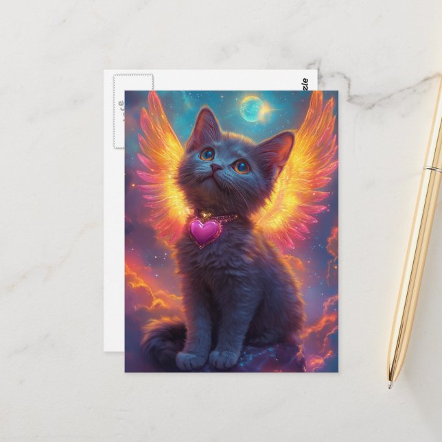 Carte Postale Chaton ange gris adorable (Devant/Arrière en situation)