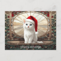 Chaton Blanc avec Chapeau de Père Noël
