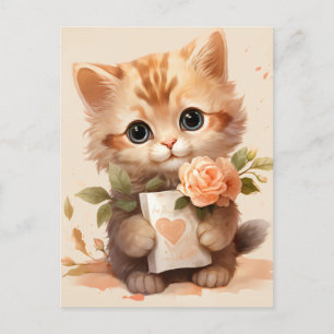 Carte Postale Chaton d'aquarelle de printemps tenant une lettre