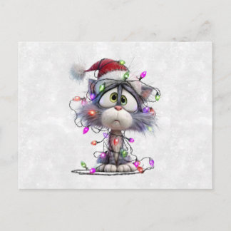 Carte Postale Chaton de Noël emmêlé dans les lumières