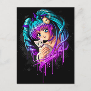 Carte Postale Chaton et fille Manga avec tresses