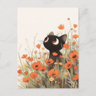 Carte Postale Chaton noir dans un champ de pavots orange sauvage