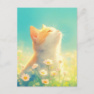Carte Postale Chaton orange dans prairie de marguerites blanches