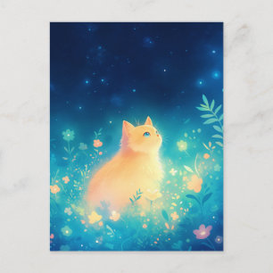 Carte Postale Chaton orange dans prairie étoilée de nuit