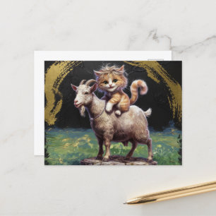 Carte Postale chaton roux adorable chevauchant une chèvre