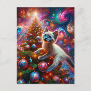 Carte Postale Chaton siamois surréaliste adorable de Noël