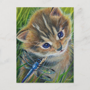 Carte Postale Chaton Tigré Brun et Libellule Art Aquarelle