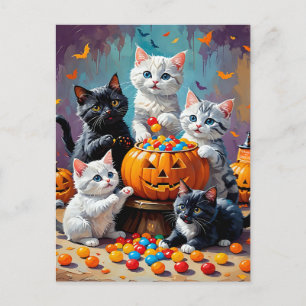 Carte Postale Chatons d'Halloween et bol de bonbons Citrouille
