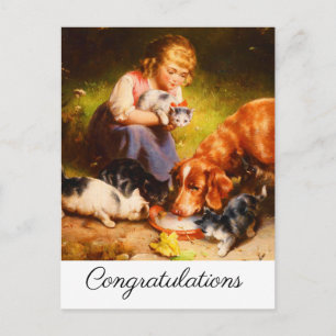 Carte Postale Chatons Filles et Chien Retriever Buvant du Lait
