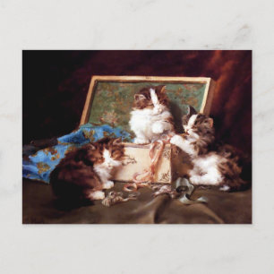 Carte Postale Chatons jouant avec un tableau de boîte à coudre