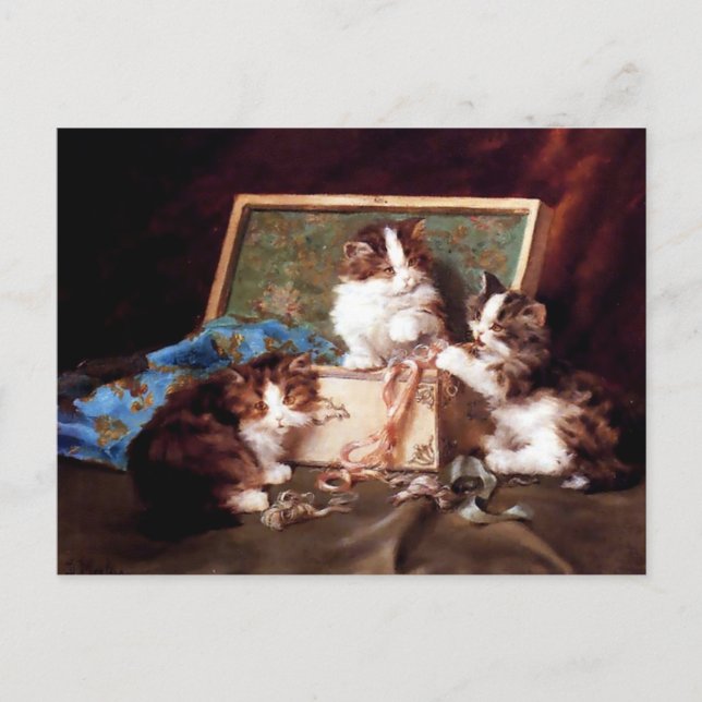 Carte Postale Chatons jouant avec un tableau de boîte à coudre (Devant)
