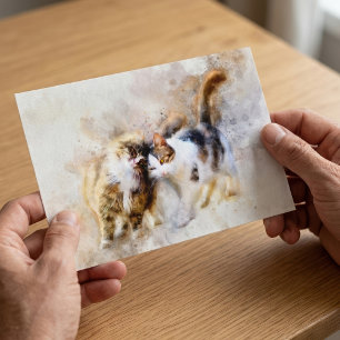 Carte Postale Chats à l'aquarelle se câlinant dans l'art abstrai