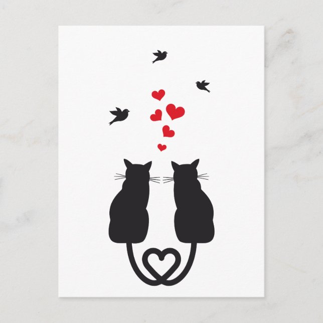 Carte Postale chats amoureux des coeurs et des oiseaux (Devant)
