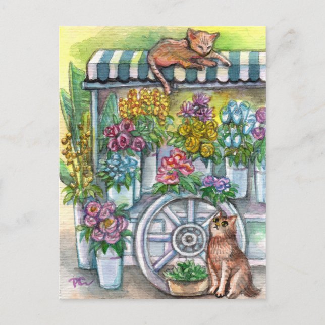 Carte Postale Chats au socle de fleurs (Devant)