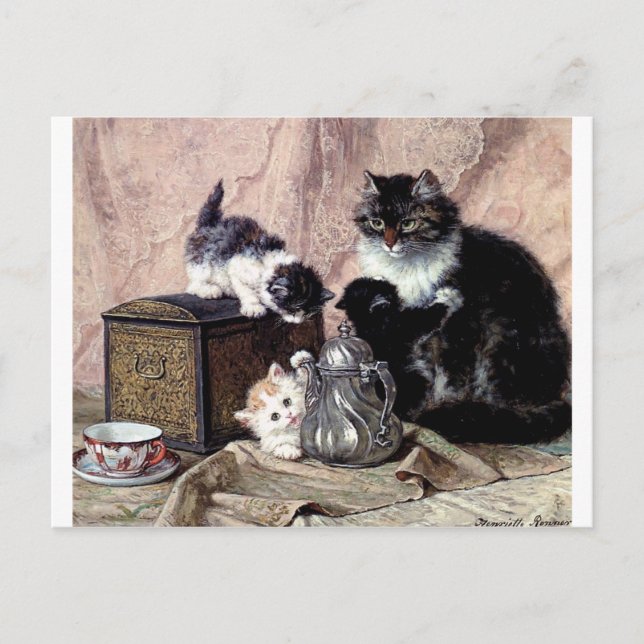 Carte Postale chats chatons jouer thé fête peinture antique (Devant)