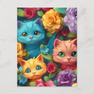 Carte Postale Chats colorés et fleurs joli design
