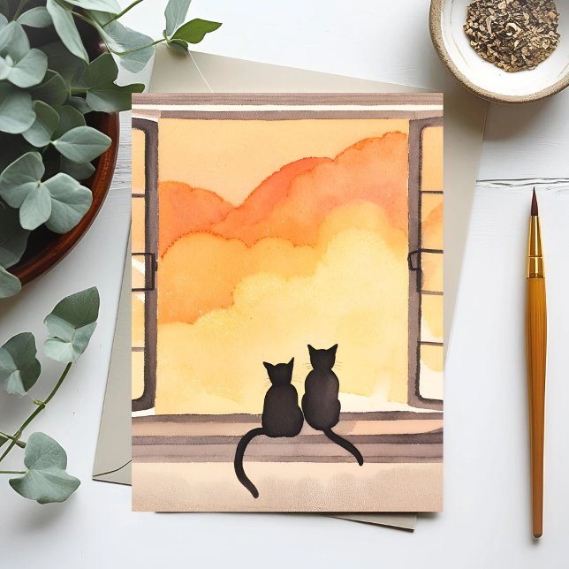 Carte Postale Chats dans la fenêtre | Silhouette de l'aquarelle  (Créateur téléchargé)