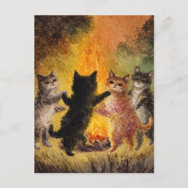 Carte Postale Chats dansant autour du feu de camp (Devant)
