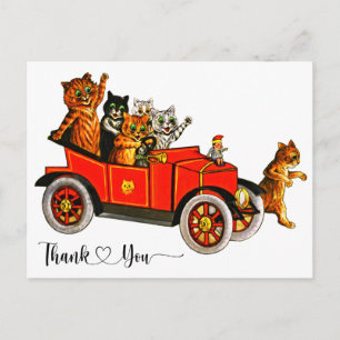 Carte Postale Chats de Louis Wain vintage dans une voiture Merci