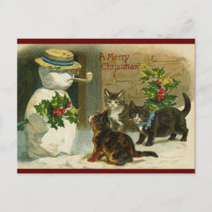 Carte Postale Chats de Noël Vintage et bonhomme de neige