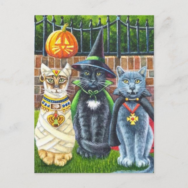 Carte Postale Chats d'Halloween en costume - Art à l'aquarelle (Devant)