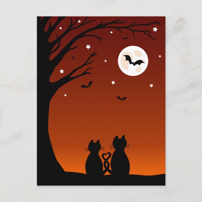 Carte Postale Chats D'Halloween Regardant La Lune (Devant)