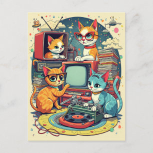 Carte Postale Chats du milieu du siècle avec disques rétro et TV