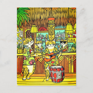 Carte Postale Chats en vacances sur une île dans un Tiki Bar