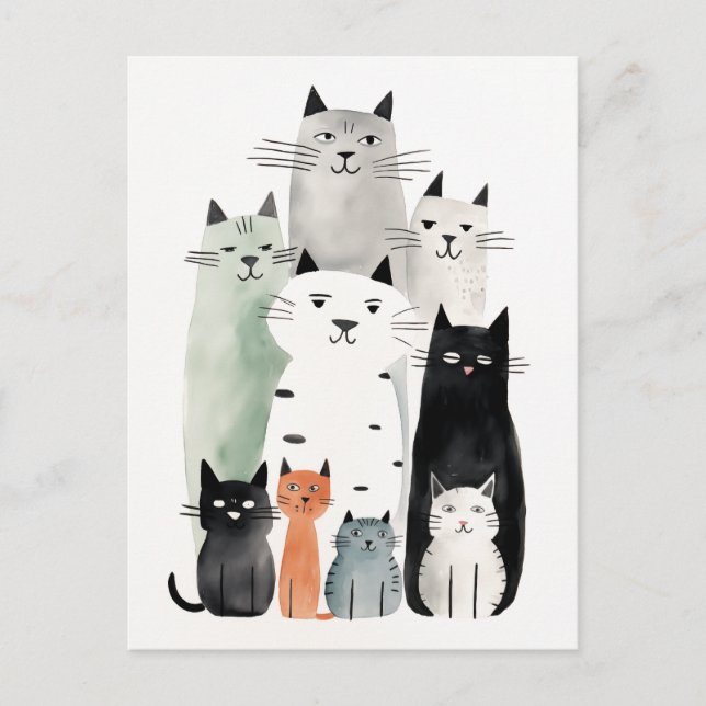 Carte Postale Chats et amis Aquarelle Gouache Illustration (Devant)
