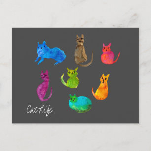 Carte Postale Chats fous colorés en aquarelle