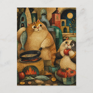 Carte Postale Chats Gras Cuisinant le Dîner