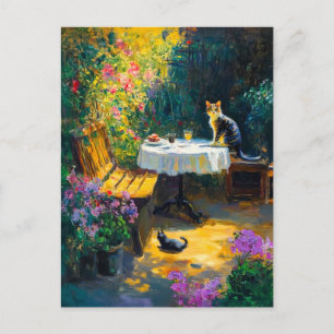 Carte Postale Chats impressionnistes Jouer dans le coin jardin