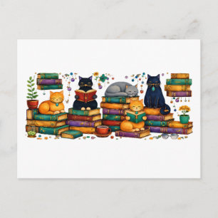 Carte Postale Chats lisant des livres Scène de bibliothèque cosy