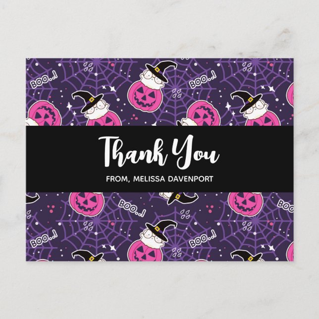 Carte Postale Chats mignons et Citrouille Halloween Merci Motif (Devant)