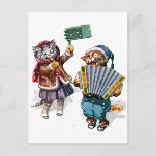 Carte Postale Chats Mignons Jouent de l'Accordéon dans la Neige