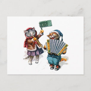 Carte Postale Chats mignons Jouer l'Accordion dans la neige