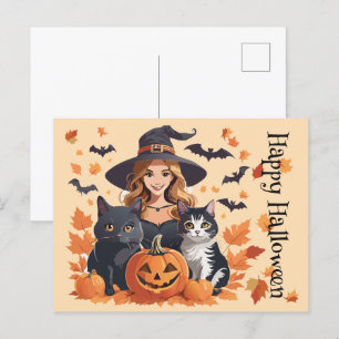 Carte Postale Chats sorciers chauves-souris et Halloween Citroui