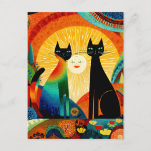 Carte Postale Chats sur fond lumineux et coloré,