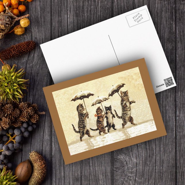 Carte Postale Chats vintages Parapluies Neige (Four cats walking upright with umbrellas in snow on yellow with brown border postcard.)