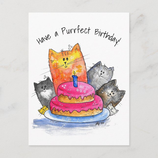Carte Postale Chats Whimsical avec gâteau d'anniversaire (Devant)