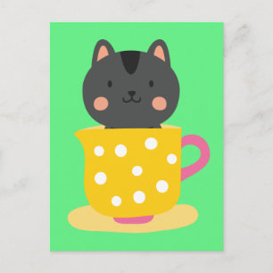 Carte Postale Chatte mignonne en dessin animé sur la menthe